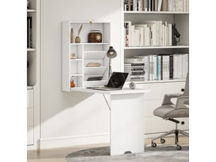 Bureau pliable mural, table murale pliante avec étagères pour salon, salle à manger, bureau, 93,8 x 60 x 147 cm, blanc