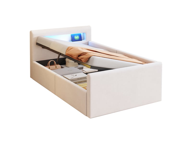  Lit coffre enfant 90x200 cm, led, port usb, espace de rangement, sommier, velours beige, sans matelas  - Conforama A