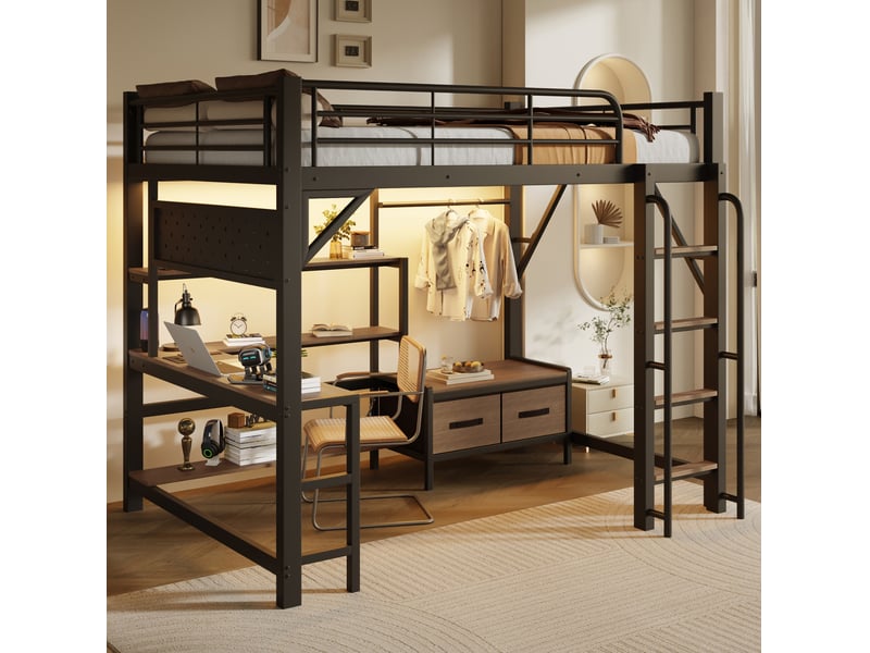  Lit mezzanine enfant 140x200 cm noir en métal et mdf avec bureau, rangements, led et usb, sans matelas  - Conforama B