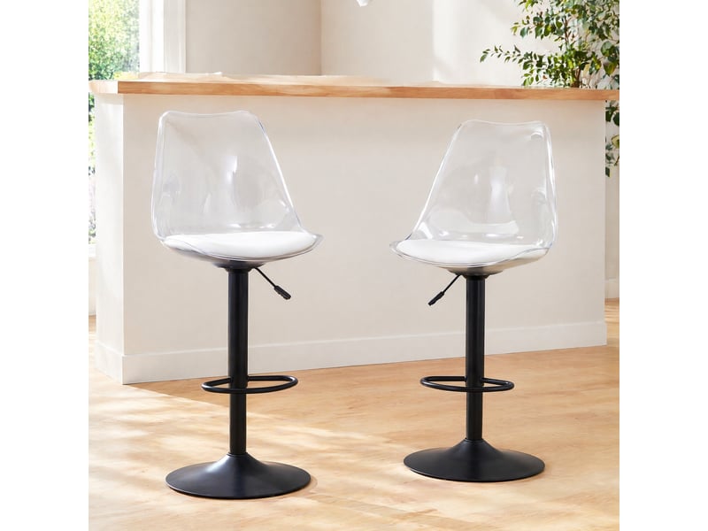  Tabouret de bar pivotant réglable en hauteur avec dossier transparent, en métal et plastique noir  - Conforama B