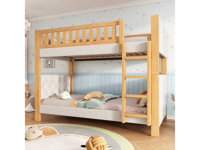  Lit enfant superposé, protection antichoc, marches droites, structure stable, 90x200cm, coloris gris naturel  - Conforama D