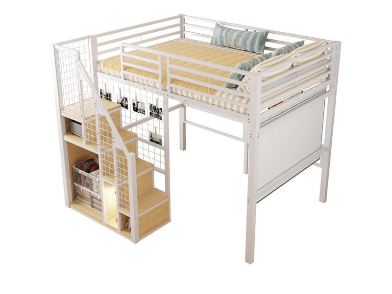  Lit mezzanine enfant 140x200 cm – blanc – rangement intégré, échelle sécurisée – sans matelas  - Conforama A
