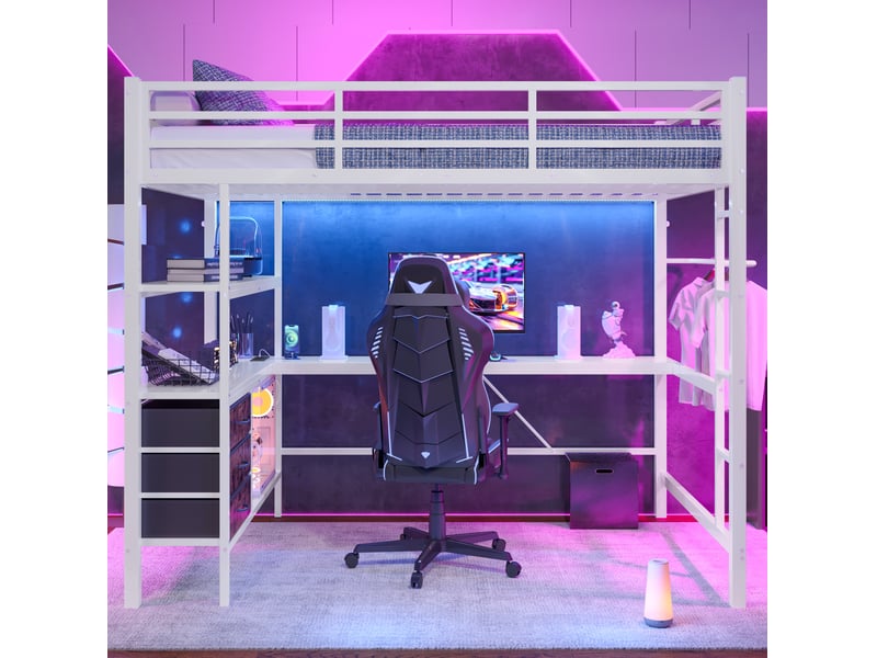  Lit mezzanine 140 x 200 cm, bureau, éclairage led, prises+usb, 3 tiroirs, garde-corps, métal mdf, blanc sans matelas  - Conforama B