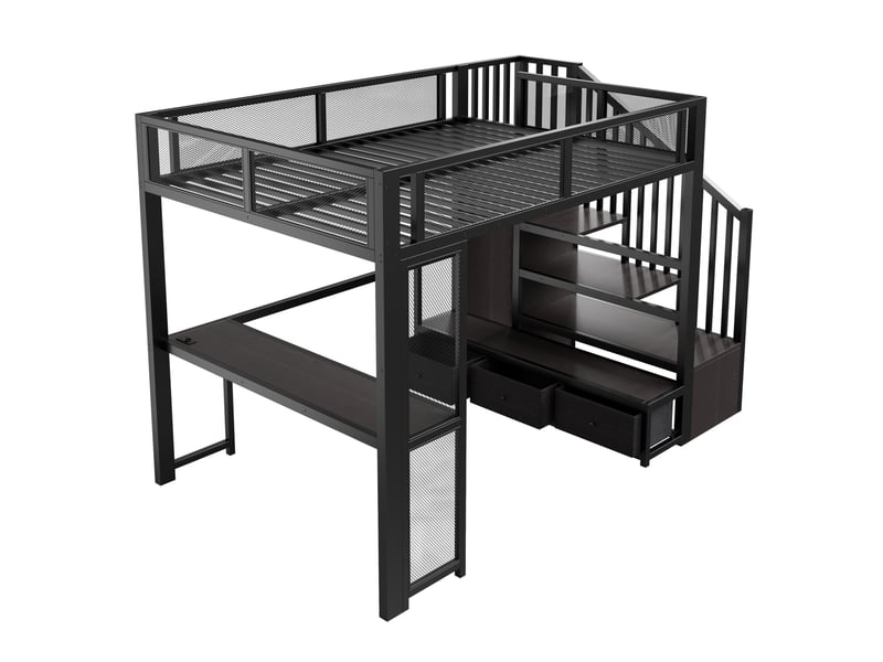 Lit mezzanine enfant 140x200 cm – noir – bureau, escalier avec rangement, led, usb et 3 tiroirs - sans matelas - Conforama E
