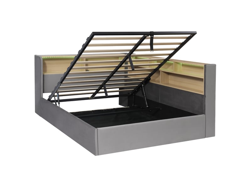  Canapé-lit 140×190 cm avec rangement hydraulique, led et usb, velours gris  - Conforama D