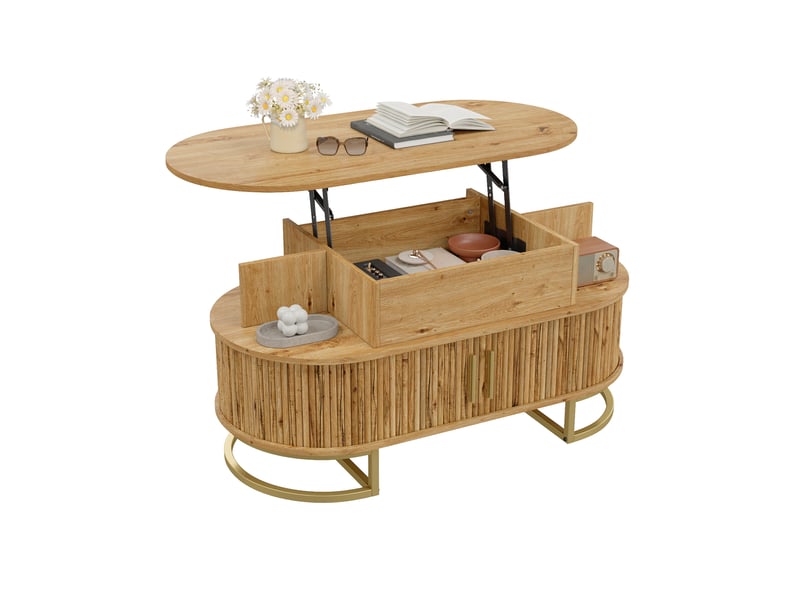 Table basse ovale relevable en mdf, rangement dissimulé et portes coulissantes, idéale pour le salon - Conforama A