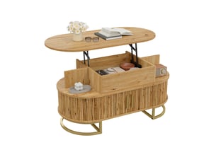 Table basse ovale relevable en mdf, rangement dissimulé et portes coulissantes, idéale pour le salon