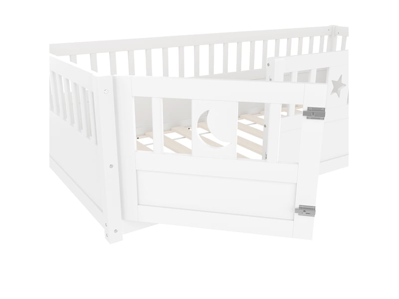  Lit enfant 90 x 190 cm barrière 48 cm avec serrure anti-chute décor étoiles lune montage facile pin blanc sans matelas  - Conforama E
