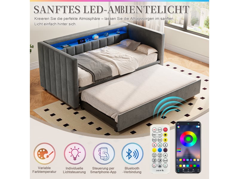 Canapé-lit convertible velours gris 90x190 cm avec led usb-c rangement multifonctionnel - Conforama B