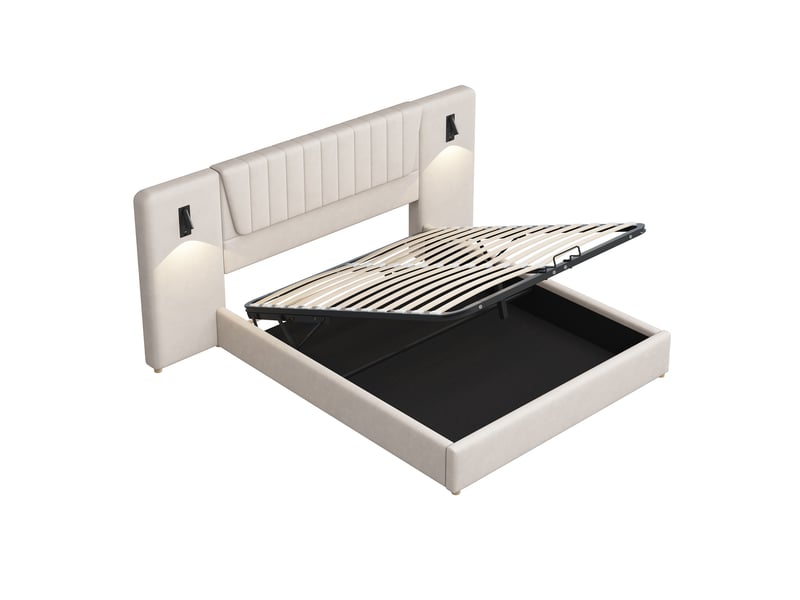 Lit rembourré 180 x 200 cm, avec dossier extra-long, lampe de lecture orientable, port de chargement usb, lit coffre hydraulique, lit double, tissu velours, beige - Conforama D