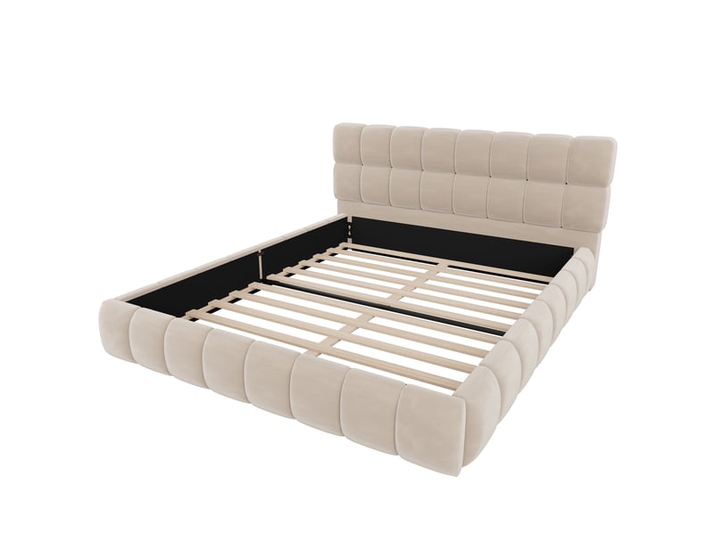  Lit double rembourré 140x200 cm, tête de lit rembourrée, cadre matelassé , pour jeunes et adultes, velours, beige  - Conforama E