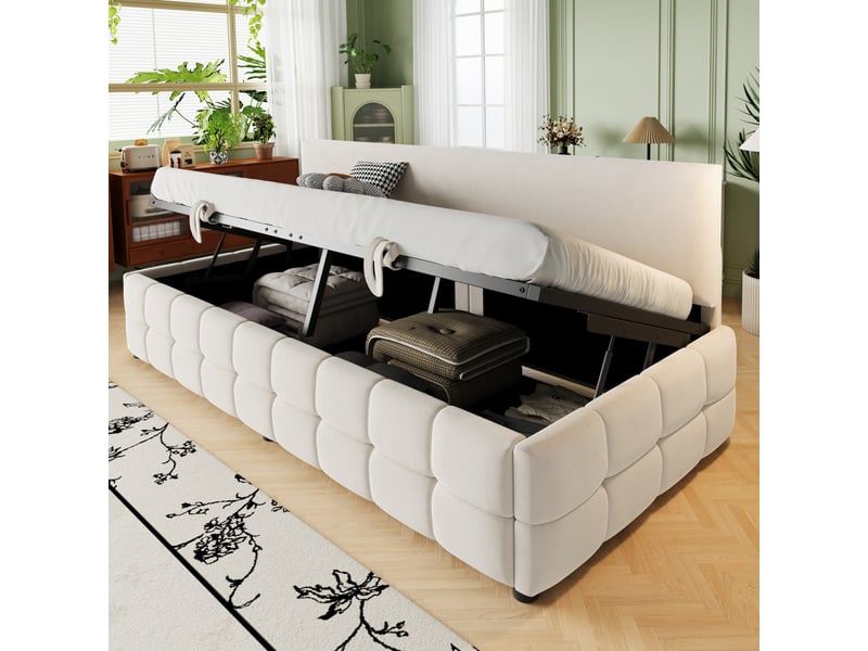  Lit capitonné 90*200 cm beige avec coffre hydraulique, dossier sans accoudoirs, velours  - Conforama C