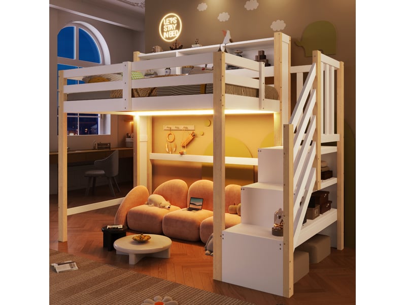  Lit mezzanine modenvie 90 x 200 cm avec led, escalier de rangement, espace ouvert, blanc et bois naturel  - Conforama B