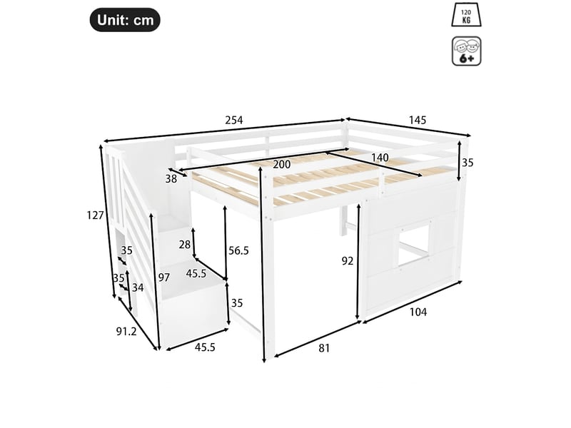 Lit mezzanine 140x200 avec escalier de rangement et fenêtre, bois massif, blanc - Conforama E