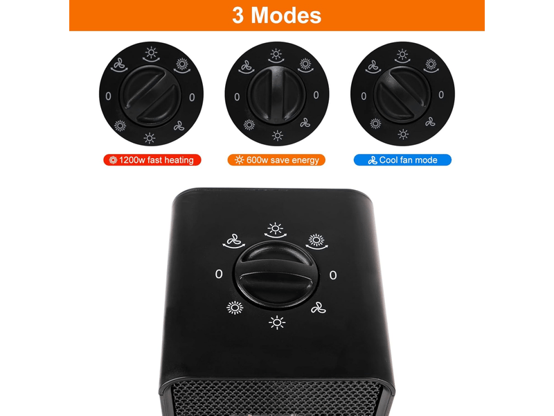  Chauffage électrique portable 1200 w ptc avec thermostat, balançoire à 90 °, 3 modes, protection de sécurité, noir  - Conforama D