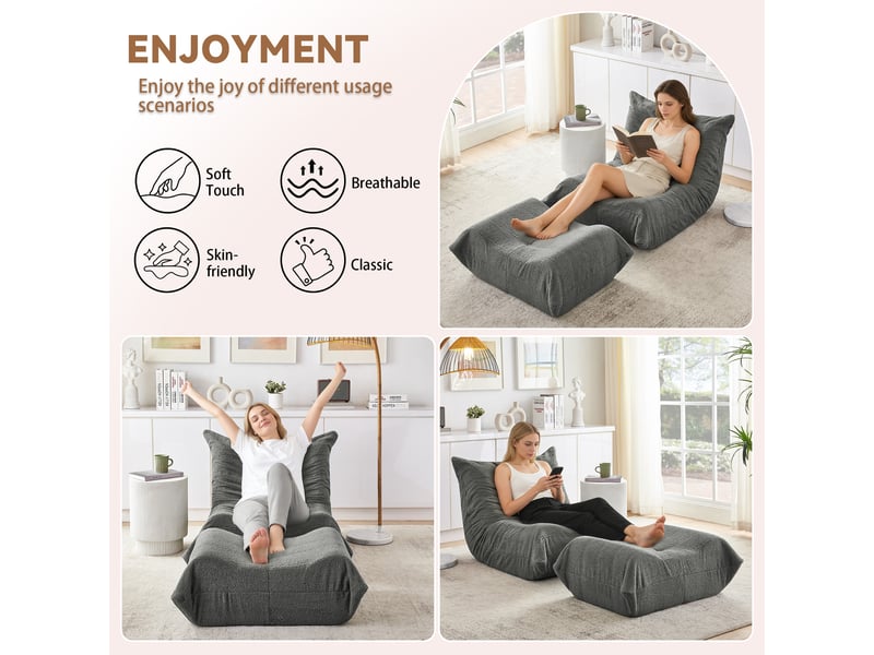  Fauteuil relax gris avec dossier et pouf, tissu teddy doux, siège de sol confortable pour salon, chambre, bureau et appartement  - Conforama E