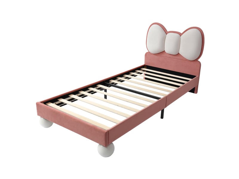  Lit enfant capitonné 90x200 cm rose et beige, tête en nœud, éclairage led et sommier stable  - Conforama A