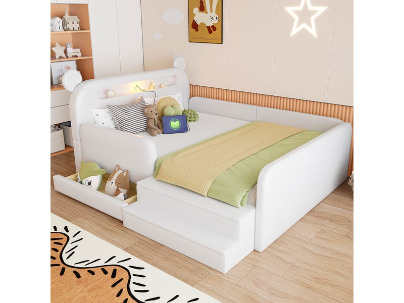 Lit enfant 140x200 cm blanc en similicuir avec tête de lit ours, veilleuse, usb et rangement - Conforama E