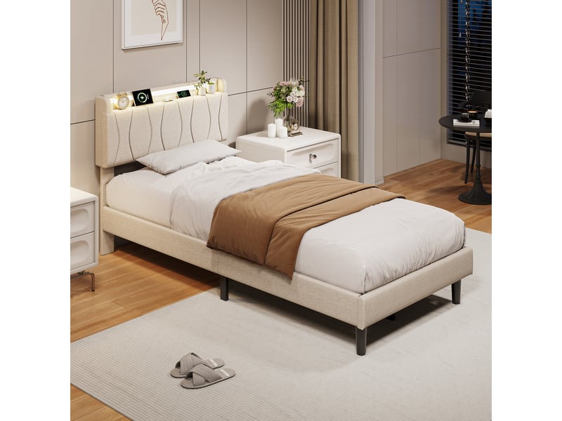  Lit enfant 90x200 cm, lit 1 place avec tête de lit, led, rangement et sommier, port usb et usb-c, lin, beige, sans matelas  - Conforama R