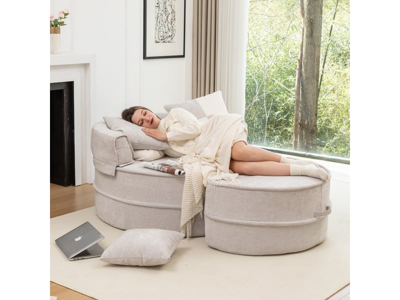 Fauteuil rond gris avec pouf, fauteuil lounge en chenille avec cinq coussins, assise mi-ferme pour salon, 163 x 121 x 66 cm - Conforama W