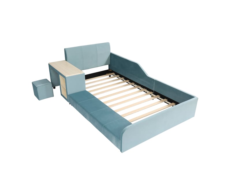  Lit enfant 90x200 cm en velours bleu avec bureau, tabouret et rangement  - Conforama E