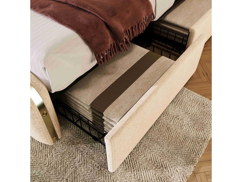Lit coffre 90x200 avec matelas, lin beige, 4 tiroirs roulants, tête de lit rembourrée avec bande dorée et usb - Conforama E