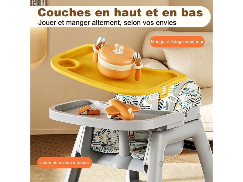  Chaise haute bébé grise avec roulettes verrouillables et 3 plateaux pp  - Conforama D