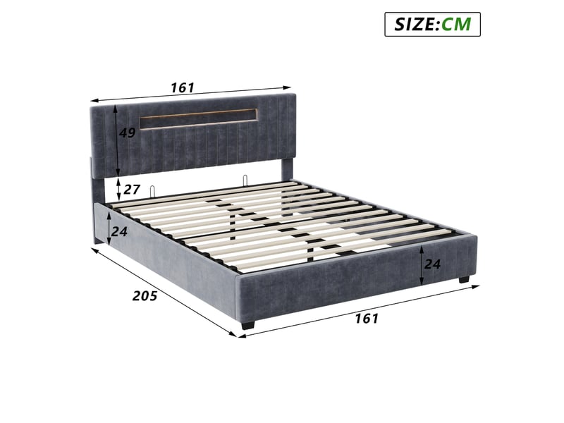 Lit coffre 2 places 160x200 cm, lit adulte avec rangement, tête de lit avec led, design simple, velours gris - Conforama D
