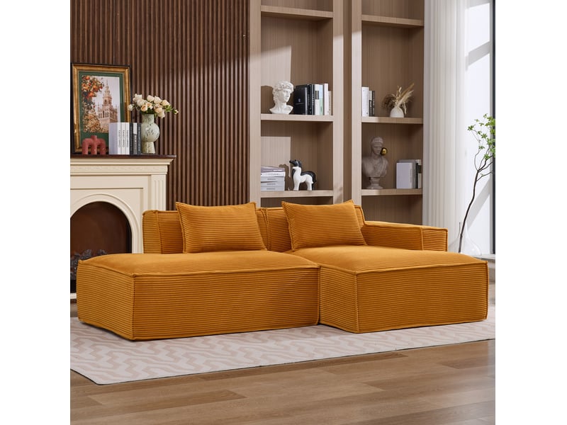  Canapé modulable droit 2pl 233x129x70 cm, meuble de salon, agréable et contemporain, coussins, polyester, jaune moutarde  - Conforama E