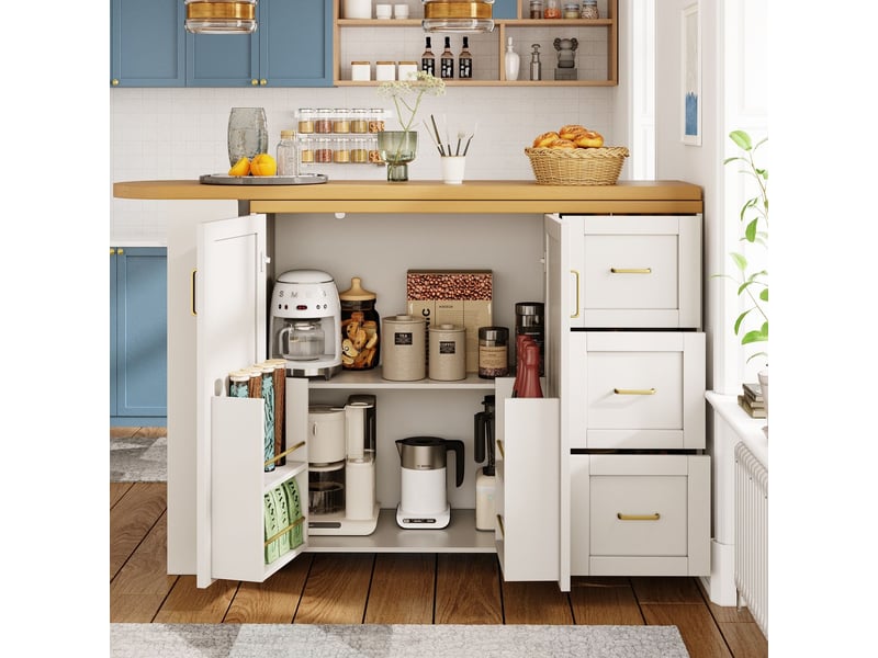  Table 135-228 x 39 x 104 cm 135- chariot de bar extensible 2 portes 3 tiroirs montée sur roulettes coloris blanc et noir plateau aspect bois fonction de bar  - Conforama B