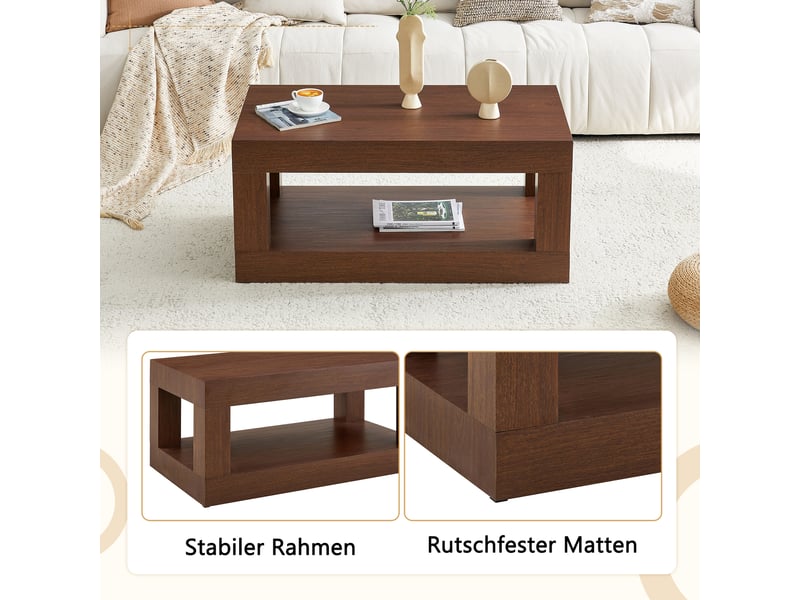 Table basse en mdf 93×53×45,5 cm, rectangulaire à 2 niveaux, avec rangement ouvert, pieds avec patins en feutre - Conforama D