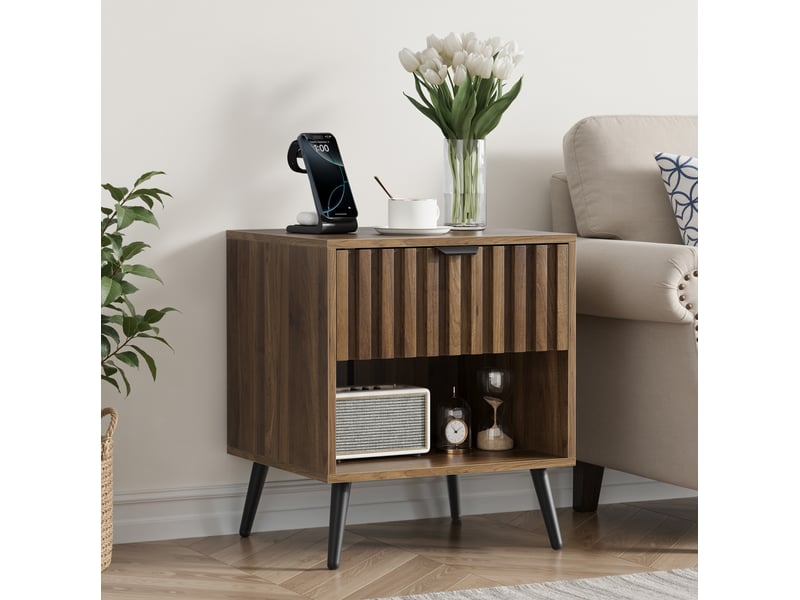  Table de chevet moderne 45 x 40 x 53 cm avec tiroir intégré, niche ouverte, mdf décor noyer, pieds en métal  - Conforama D