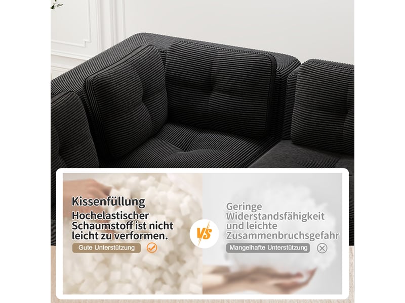  Canapé modulable 4 places noir tissu côtelé canapé d'angle moderne sans cadre confortable salon  - Conforama W