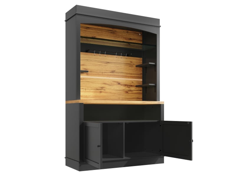  Armoire de cuisine haute 107x43x184 cm avec led, vitrine et buffet, étagère ouverte, finition noire, meuble de rangement moderne pour cuisine et salle à manger  - Conforama D