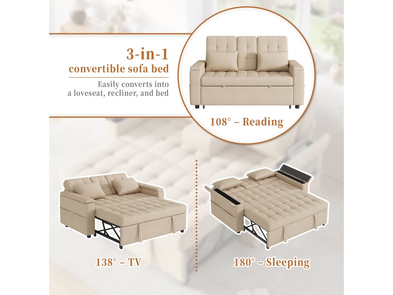  Canapé convertible 2 places 140x90x86,5 cm avec fonction lit, dossier réglable 3 positions, rangement intégré, poches latérales, coussins, tissu effet lin - beige  - Conforama E