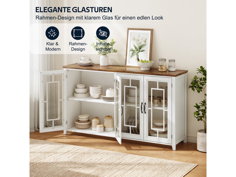  Buffet de cuisine 160 cm blanc avec plateau effet bois, meuble de rangement 4 portes en verre pour salle à manger  - Conforama W