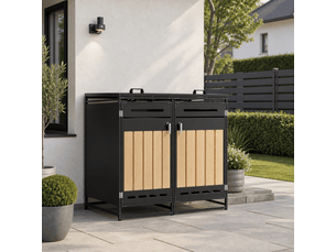 Coffre de jardin en fer avec couvercle hydraulique bardage aspect bois vertical ventilation à fentes longues et serrure
