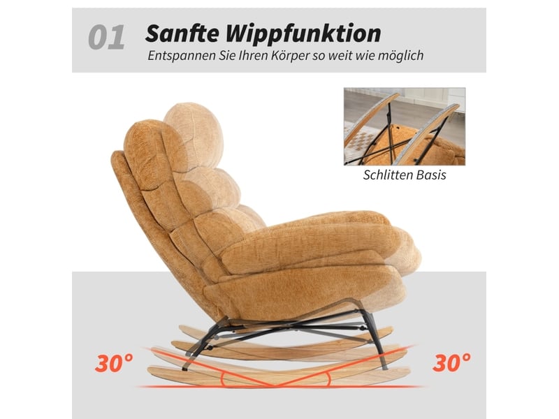 Fauteuil à bascule rembourré avec dossier haut et assise en mousse, structure en acier et bois en polyester jaune 80 × 103 × 91 cm  - Conforama D
