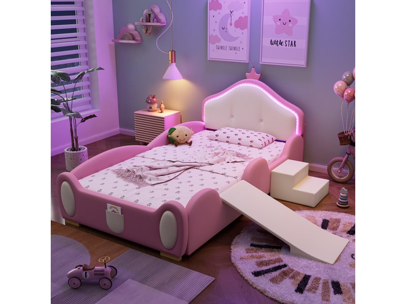 Lit enfant avec toboggan et escalier 90x200 cm simili cuir rose et beige couronne led et sommier  - Conforama B