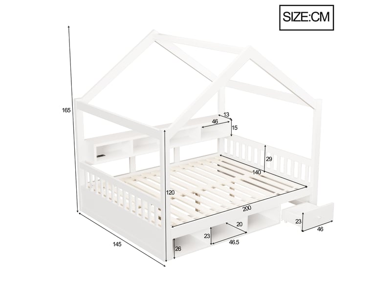  Lit cabane modenvie 140 x 200 cm avec rangements led prises et sommier blanc  - Conforama C