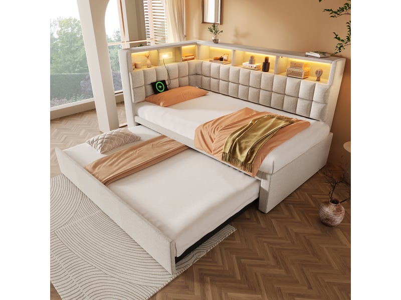  Lit banquette 90x200 cm avec lit gigogne 90x190 cm, led, enceinte bluetooth, usbtype-c, tête de lit avec rangement, tissu lin, sans matelas - beige  - Conforama D