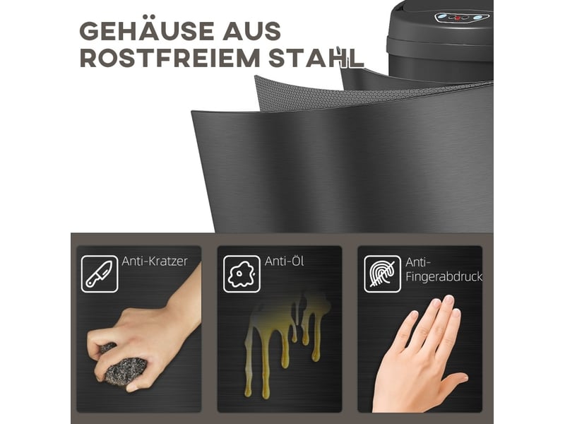 Poubelle à capteur 42 l 30,5 x 30,5 x 68 cm – noire – couvercle soft-close sans contact en acier inoxydable - Conforama D