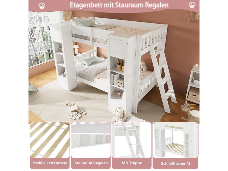 Lit superposé enfant 90 x 200 cm 2 armoires frontales étagère suspendue échelle montable à gauche ou à droite barrière anti-chute blanc - Conforama E