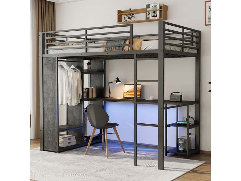  Lit mezzanine en fer noir 90 x 200 cm avec bureau étagères et éclairage led  - Conforama E