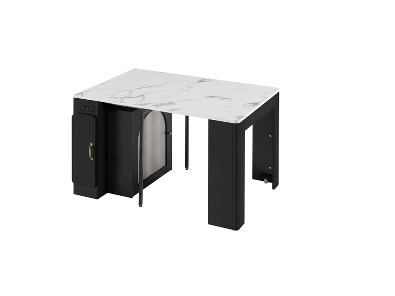  Îlot de cuisine - chariot de cuisine avec table extensible, 3 compartiments et prise électrique, meuble mobile en mdf et verre - blanc + noir - 83×39,6 79,6 119,6 149,6×77 cm  - Conforama A
