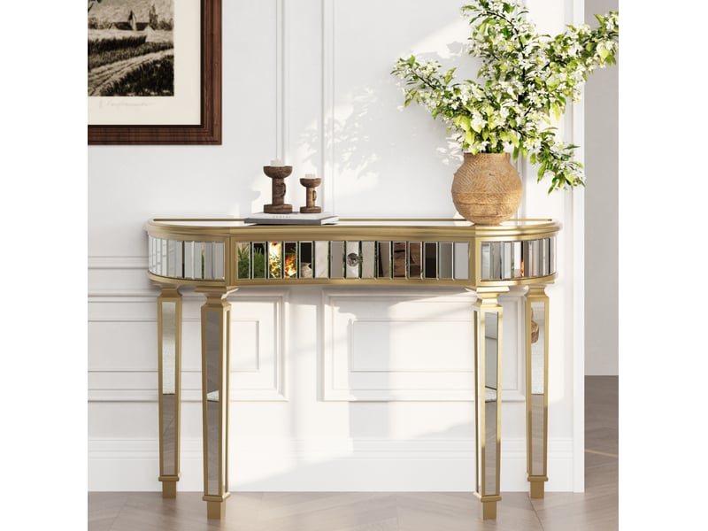 Console demi-lune avec tiroir et miroir, verre rainuré, pour entrée ou salon, doré et argenté, 120 × 38 × 78 cm - Conforama D
