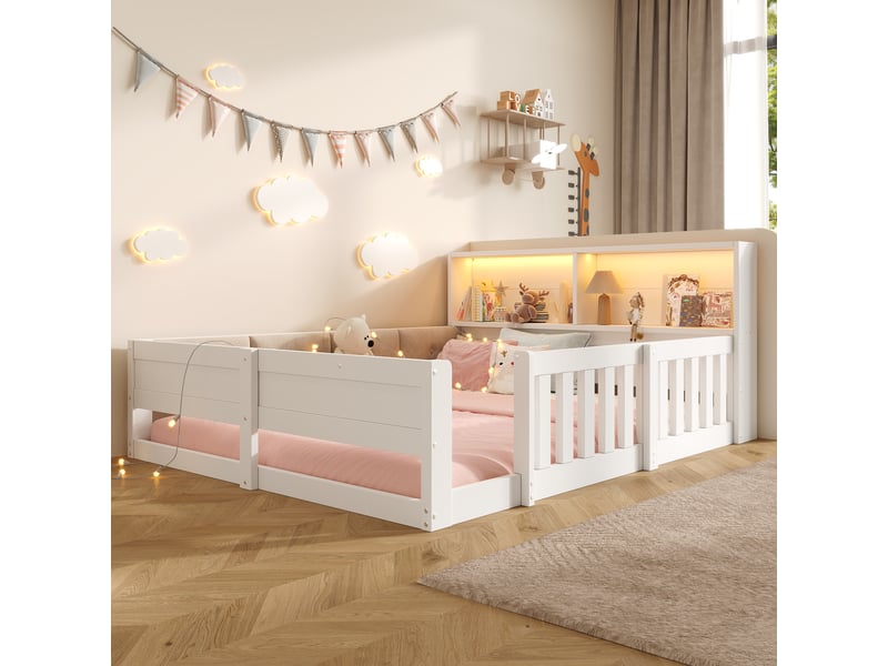 Lit au sol, lit enfant 140x200 cm avec barrières, côtés rembourrés, tête de lit avec rangement, led et panneaux de particules, blanc - Conforama D
