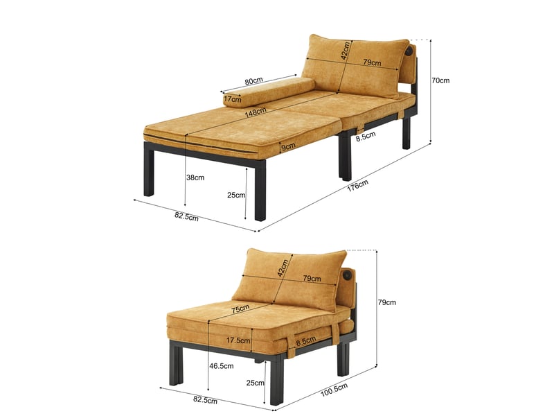  Lit banquette 1 place convertible avec couchage d'appoint, ports usb et type-c, sans matelas, en velours, jaune  - Conforama D