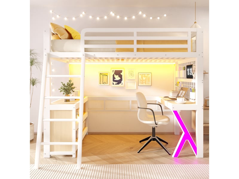 Lit mezzanine 90x200 cm avec bureau et armoire - lit haut 2 places avec bande led, rangements et échelle, métal blanc Seren Glow - Conforama D