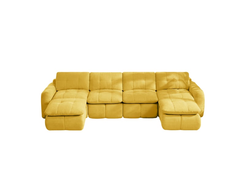 Canapé modulable u 4 places 334x160x68 cm, mousse 32d, 2 poufs, assise spacieuse profonde, revêtement en chenille, jaune  - Conforama A